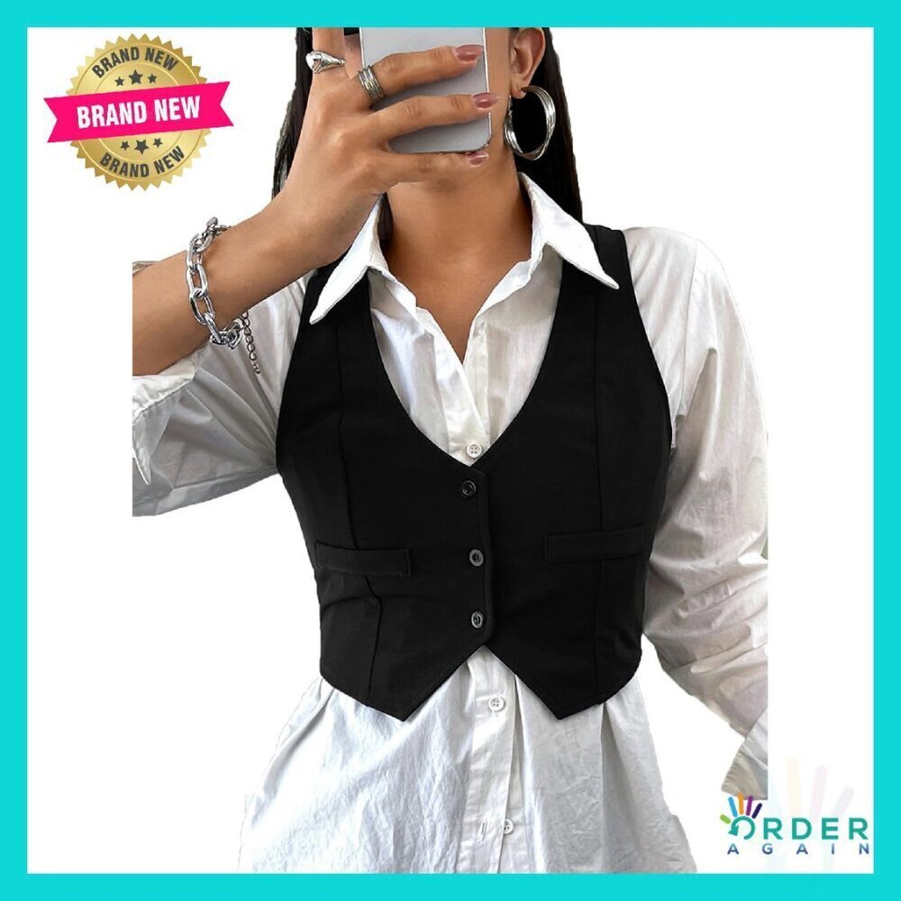 Button Front Crop Waistcoat V Neck Sleeveless Blazer Chic Minimal Elegant